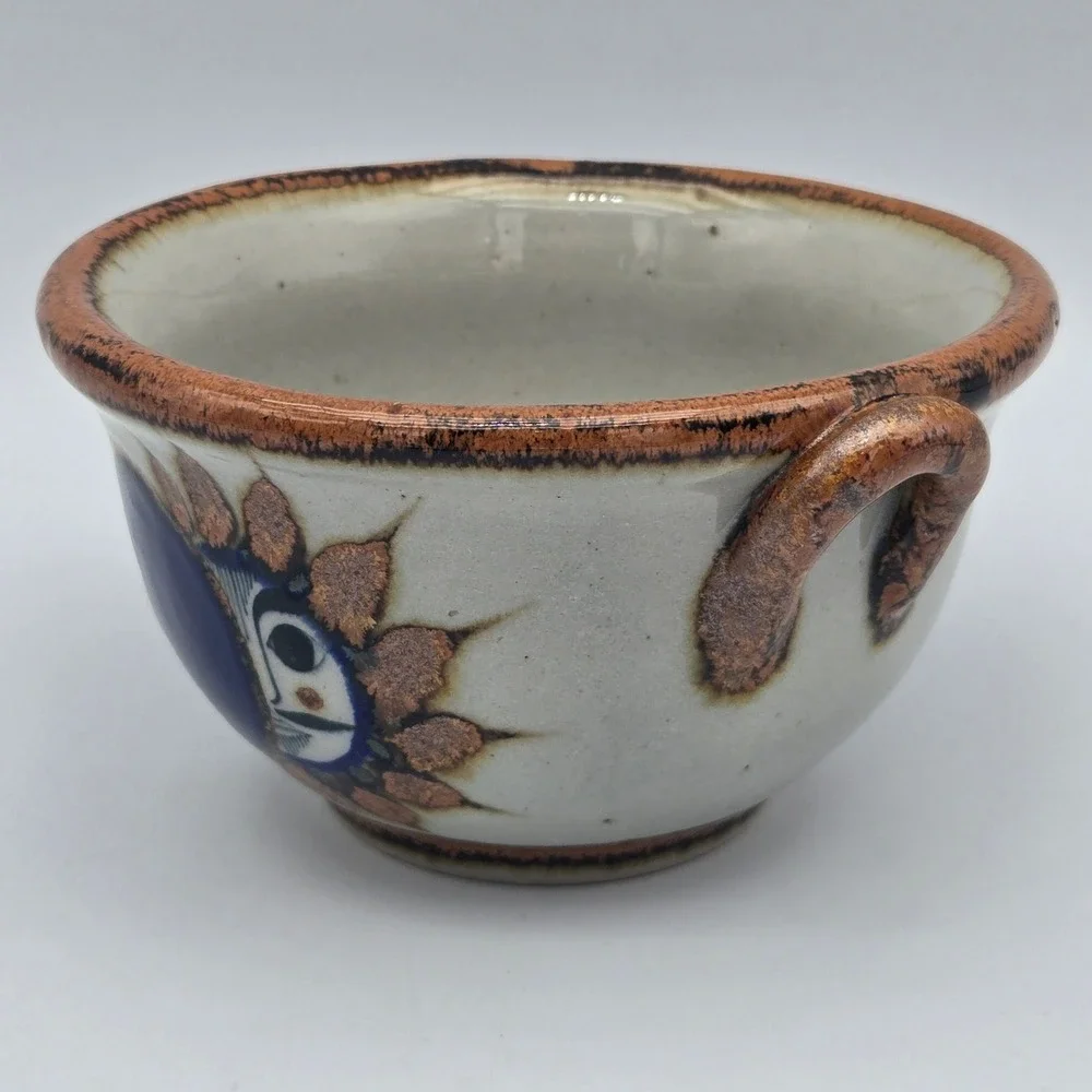 Vintage Tonala Pottery Bowl Sun Moon Celestial Cobalt Blue Hand Painted Mexico